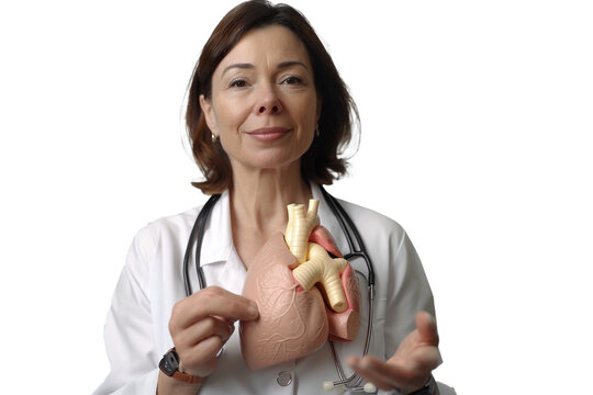 A woman pulmonologist holding a model of a lung and a spirometer This PNG file, with an isolated cutout object on a transparent background