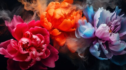 Obraz premium Vibrant purple, pink and orange flowers on black background with smoke. Bright floral wallpaper, close up, floral bouquet