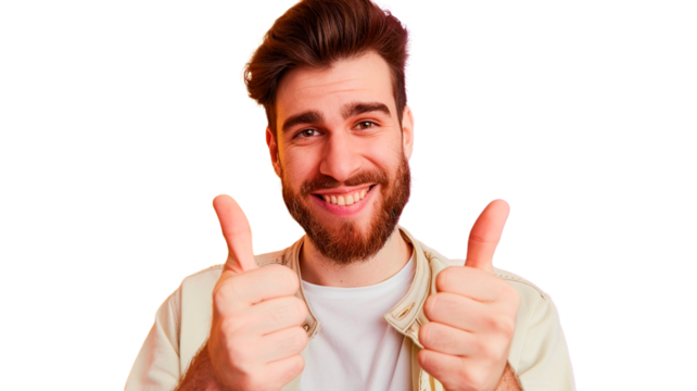 Smiling handsome young caucasian man giving sign doing positive gesture with hand, thumbs up smiling and happy isolated on a transparent or white background. - Powered by Adobe