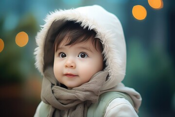 Cute little baby with blur background, Close up portrait of cute little girl in winter clothes outdoor, Ai generated