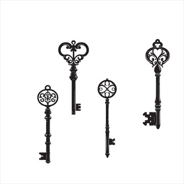 Set of isolated rustic wedding decorative symbols and elements. Black outline sketch on white background