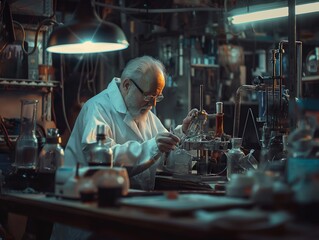 An inventor working in a garage laboratory, experimenting with new technologies