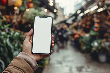 Woman using mobile phone while shopping in organic market