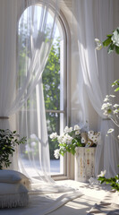 Big window in luxury house decorated with white curtain and spring flowers , light, calm and minimalistic elegant interior, modern spring sommer decoration	