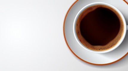 Fototapeta na wymiar Black coffee in a white cup on a saucer with a rim of coffee color, isolated on a white background with copy space on the left