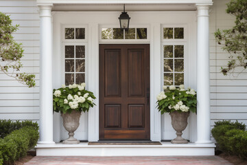 a polished wooden front door of a colonial revival house 
