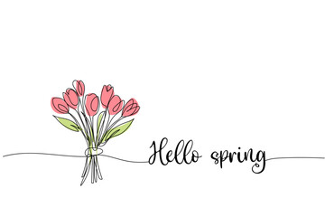 Hello spring, bouquet of roses line art drawing, One continuous line drawing and text. for postcard design