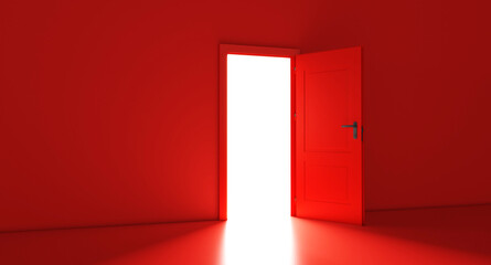 Open the door. Symbol of new career, opportunities, business ventures and initiative. Business concept. 3d render, white light inside open door isolated on red background. Modern minimal concept.