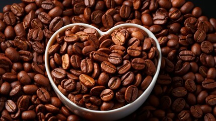 Fototapeta premium Coffee beans background with heart-shaped white bowl filled with fresh coffee beans