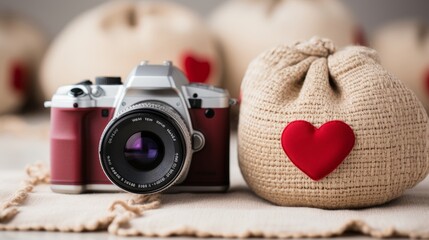 Camera next to a sewn bag with a red heart on the background of other crafts, the concept of handmade and creativity