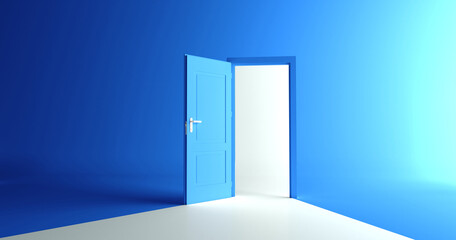 Open the door. Symbol of new career, opportunities, business ventures and initiative. Business concept. 3d render, white light inside open door isolated on blue background. Modern minimal concept.	
