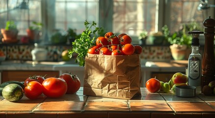 Wholesome, vibrant produce from the local market sits on a sunlit counter, inviting us to nourish our bodies and embrace a natural, plant-based diet with these plump cherry tomatoes and fragrant pars - obrazy, fototapety, plakaty