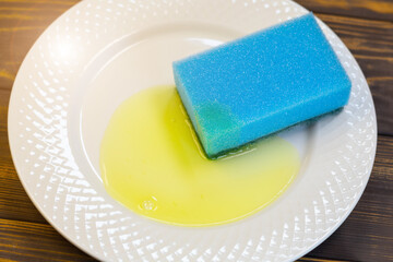 Blue sponge for washing dishes on the white plate. Things for kitchen house cleaning.