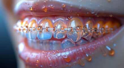 Exposing the pristine perfection of a person's teeth through an intimate closeup of their mouth, capturing the beauty and vulnerability of their pearly whites framed by soft, supple lips