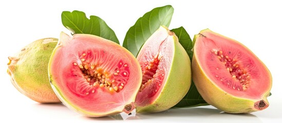 A close-up capture of a refreshing and tangy guava fruit, adorned with vibrant leaves, displayed against a clean white background.
