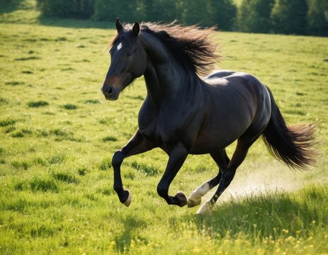 A completely black horse with shiny glossy coat gallops across a green meadow on a sunny day. The sun's rays play in her lush mane