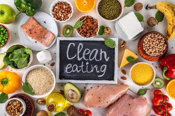 Clean Eating Diet foods background, fruits, vegetables, lean proteins, whole grains and healthy...