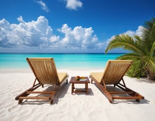 Obraz premium Beautiful tropical beach with white sand and two sun loungers. Blue sky and ocean