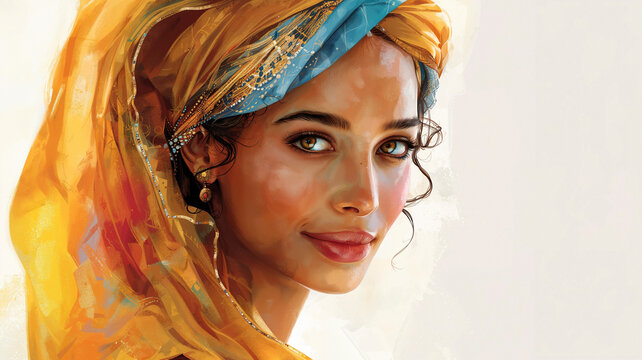 Radiant portrait of a young woman, reminiscent of the biblical Queen Esther, in regal attire.