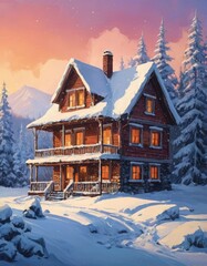 Winter house. Snow. Forest. Illustration