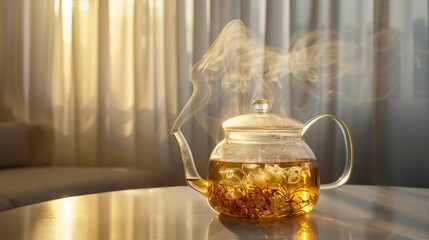 A sleek and modern glass tea pot filled with fragrant herbal tea, with wisps of steam rising from the spout against a backdrop of soft diffused light. - obrazy, fototapety, plakaty