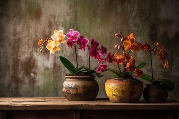 Colorful Orchids in rustic old Pots with vintage wall background
