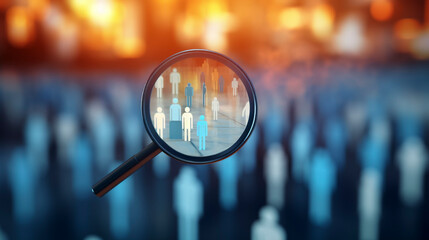 Exploring Employment Opportunities, illustration of crowd and a person under a Magnifying Glass