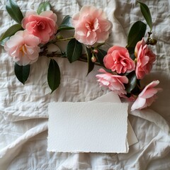Clear square white card neatly placed on a bed of pink camellias. Illuminated by warm lights overhead. The calm composition conveys simplicity and sophistication.