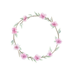 Spring frame with leaves and flowers. Watercolor wedding wreath, hand drawn isolated illustration on white background