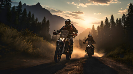 two people riding motorcycles in the forest at sunset