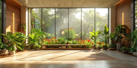 An indoor garden oasis awaits, with a peaceful bench nestled by the window of a building, surrounded by lush houseplants, flowerpots, and a tall tree reaching towards the ceiling - obrazy, fototapety, plakaty