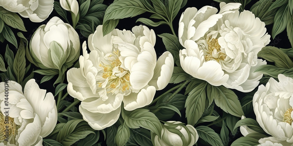 Wall mural white colors peonies flowers with deep green leaves botanical pattern in vintage draw paint style. d