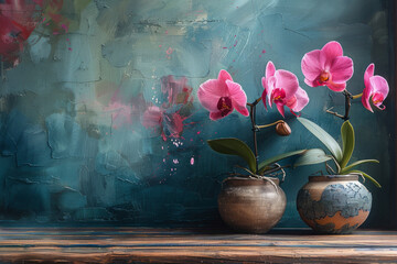 Colorful Orchids in rustic old Pots with vintage wall background