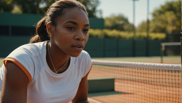 Portrait of a beautiful young african american woman on tennis court
