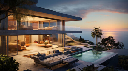 Fototapeta premium The concept of wealth as shown by a contemporary house overlooking the oceans panoramic view