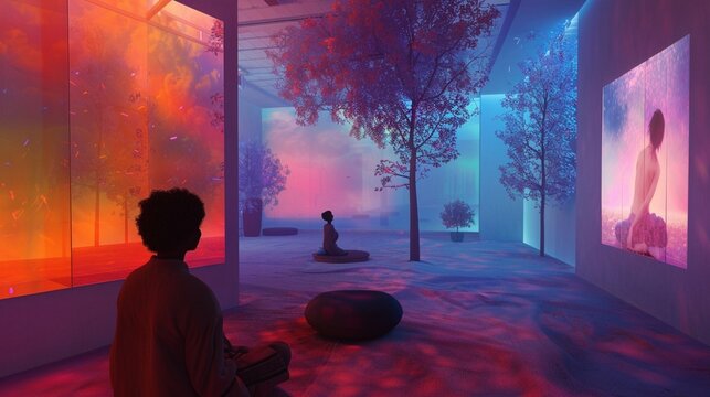 A surreal virtual art gallery showcasing immersive digital artworks and interactive installations, with visitors exploring the boundaries of creativity.
