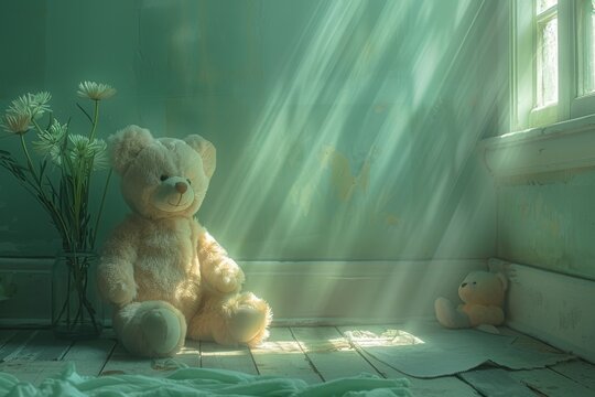 A cozy indoor scene of a teddy bear and two stuffed animals sitting by a window, with an aquarium on the wall, evokes a sense of childhood nostalgia and playfulness