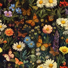 Wandaufkleber seamless floral pattern, pattern with butterflies and flowers, nature, spring flowers, illustration of monarch butterflies and flowers © Diana D.