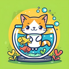Playful Cat with Fish: Cartoon Vector Icon - Premium Illustration