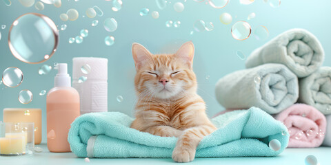 Cute Cat with Towels and Soap Bubbles on blue background with copy space. Well-groomed cat. Creative banner for grooming salon.