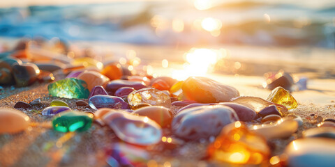 Multicolored Seaside Gemstones at Sunset. Close-up of colorful sea glass and pebbles glistening on the sandy beach seashore. - obrazy, fototapety, plakaty