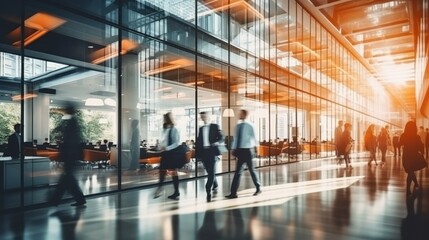 business workplace with people walking in blurred motion in modern office space - obrazy, fototapety, plakaty