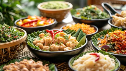 Fototapeta premium Traditional Korean Feast with Various Dishes and Ingredients