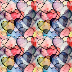 Fototapeta na wymiar Many Vivid Colorful Alcohol Ink Art Hearts Seamless Pattern Background Square