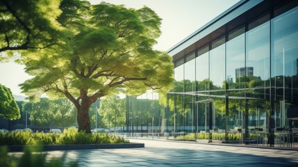 Green tree and glass office building