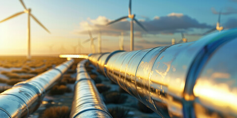 Outdoor Hydrogen Pipeline and Wind Turbines in background. Close-up of a reflective hydrogen pipelines, copy space.