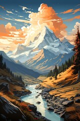 A Mountain Landscape With a River. Generative AI