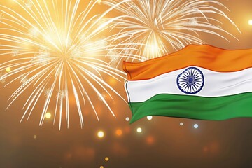 Indian independence day wallpaper with a national flag and fireworks, soft color fields, secessionist style, high horizon lines, transparency and lightness, light amber and emerald, light white navy.