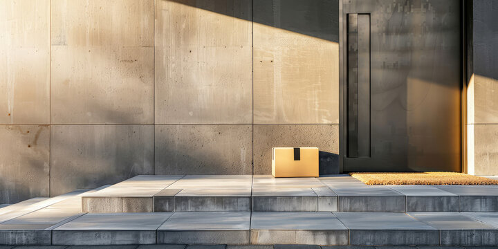 Parcel Delivery at Doorstep, door mat near entrance. Cardboard package box, parcel delivery service to home.