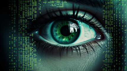Close up eyes of woman in scanning process, data. Data processing and neon round scanner scanning over close up of female eye. Human Eye Recognition Scaup eyes of woman in scanning process, data